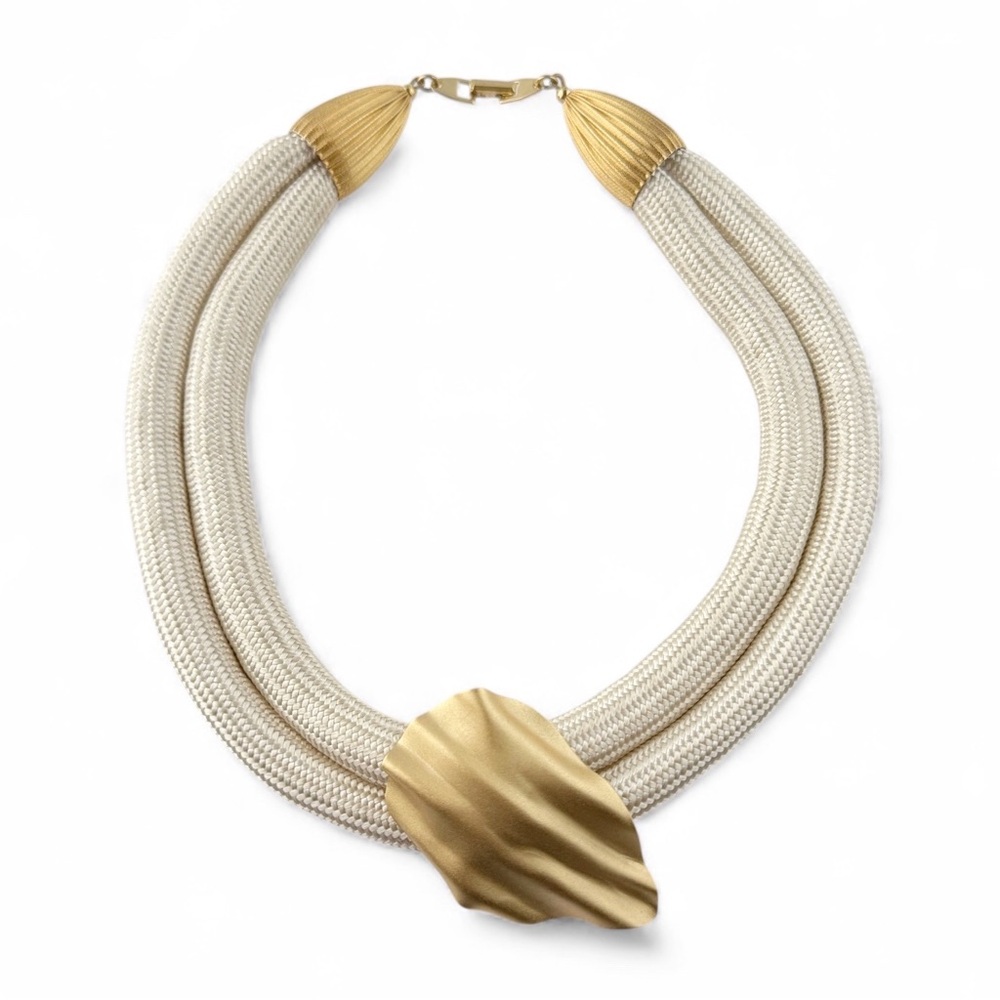 Vintage Nylon Cord Tube Sculptural Ripple Pendant Goldtone Collar Necklace